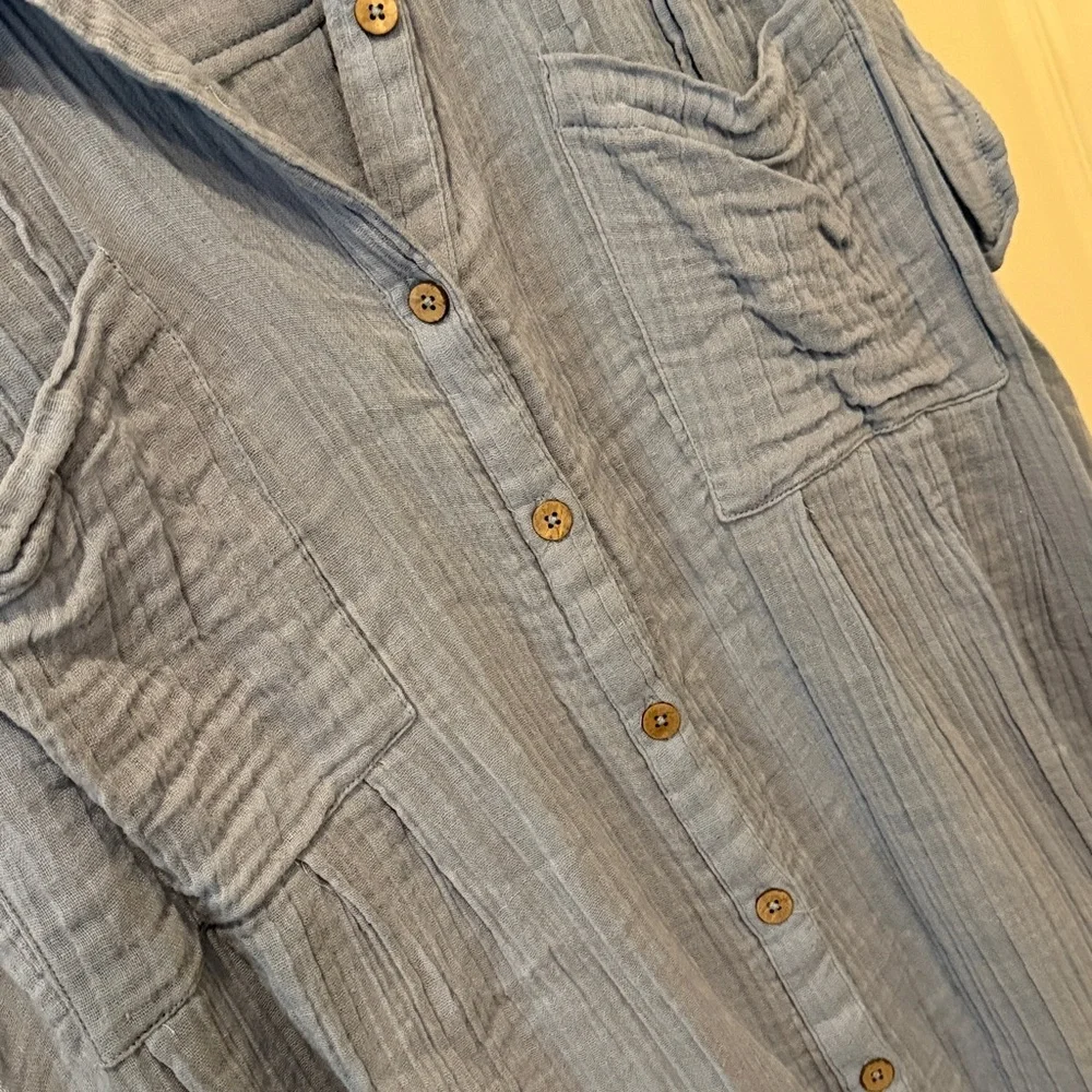 Free People Button Down Mini Dress Tunic Short Sleeve 100%Cotton Small Oversized